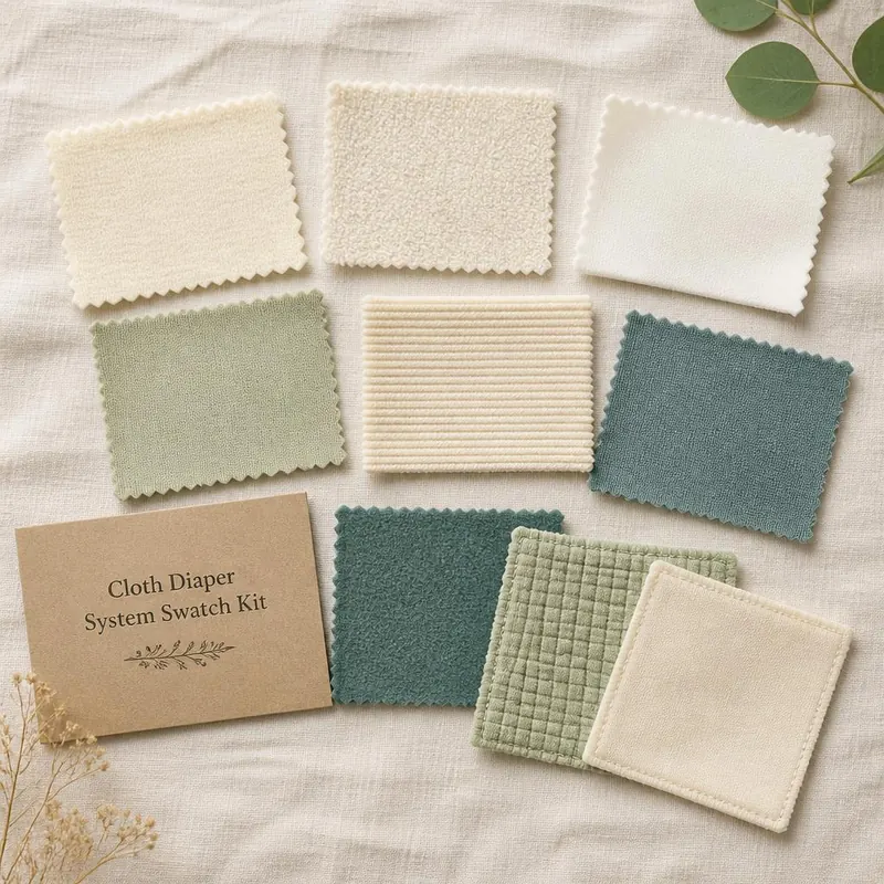 Cloth Diaper System Swatch Kit with labeled cream, sage, and teal fabric swatches arranged on a linen surface